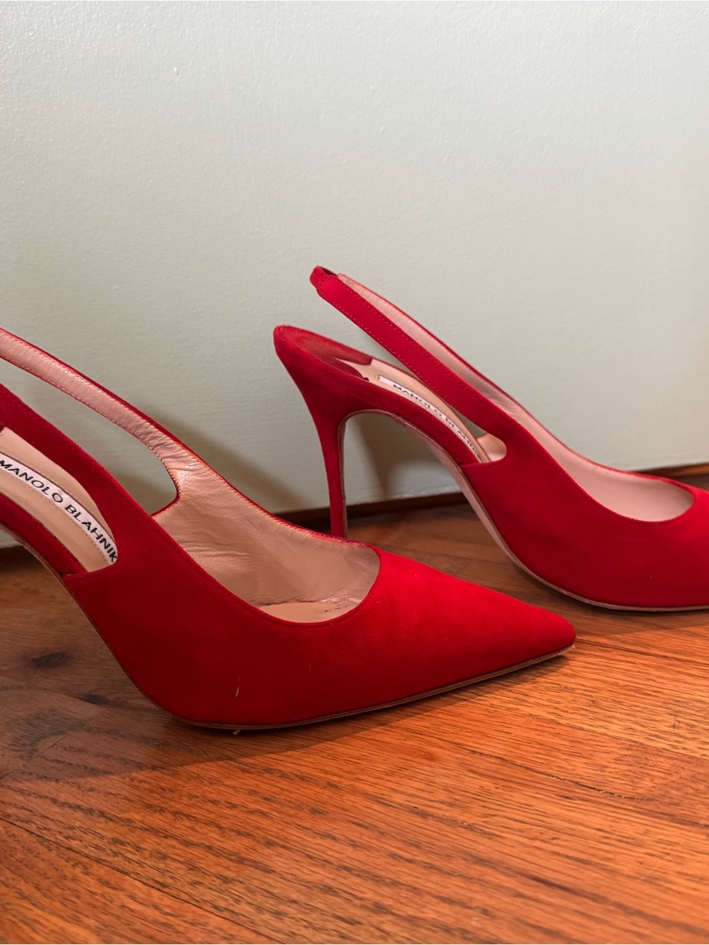 Manolo Blahnik Red Suede Pointed-Toe Slingback Heels
